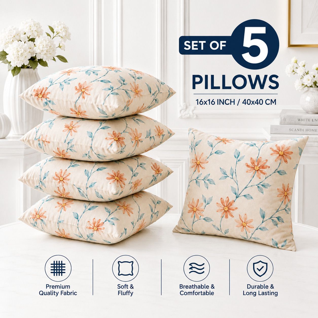 Microfibre Cushion Pack of 5 Floral Premium Cushion Set | (16x16 inch)-image-8