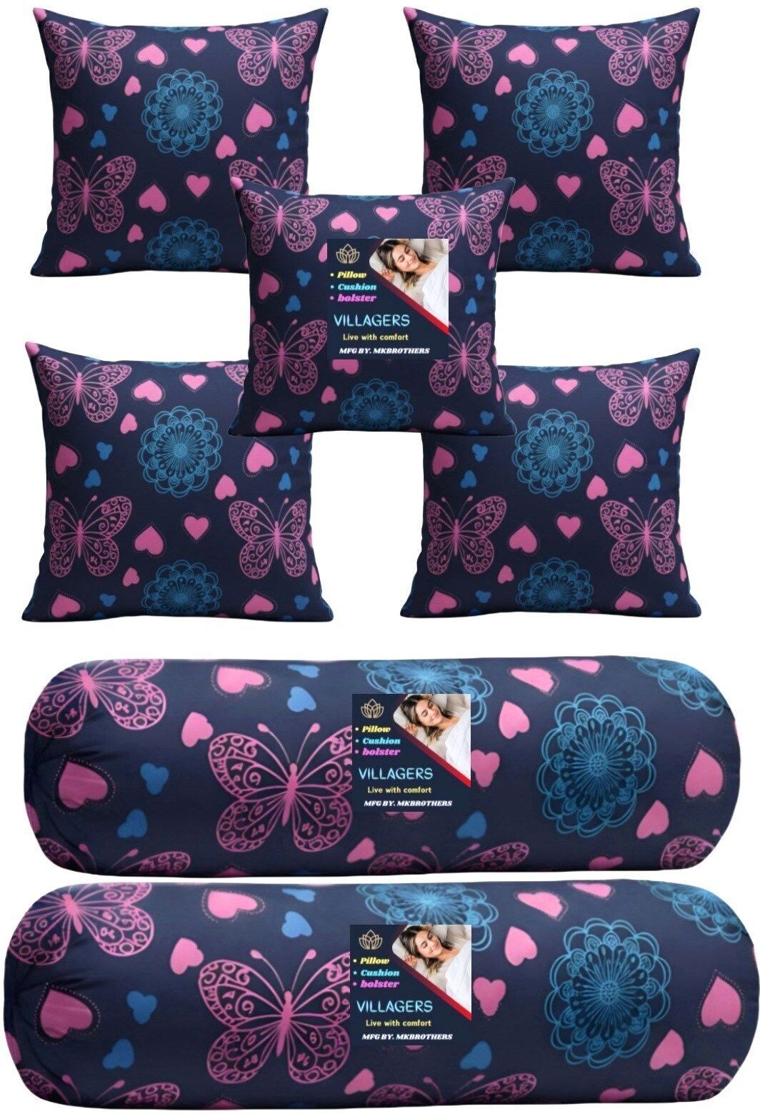 Microfibre Bolster Pack of 7 Geometric Cushion & 2 Bolster Set - Butterfly Print-image-2