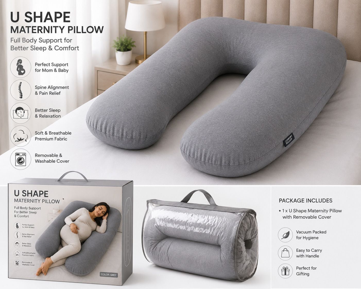 texlux Hollow Fibre Pregnancy Pillow Pack of 1 Solid Mother Comfort Collection-picture-1