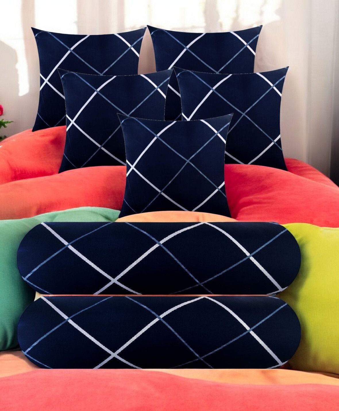 urmila creation 5 Cushion 2 Bolster Microfibre Stripes Bolster Pack of 7-picture-3