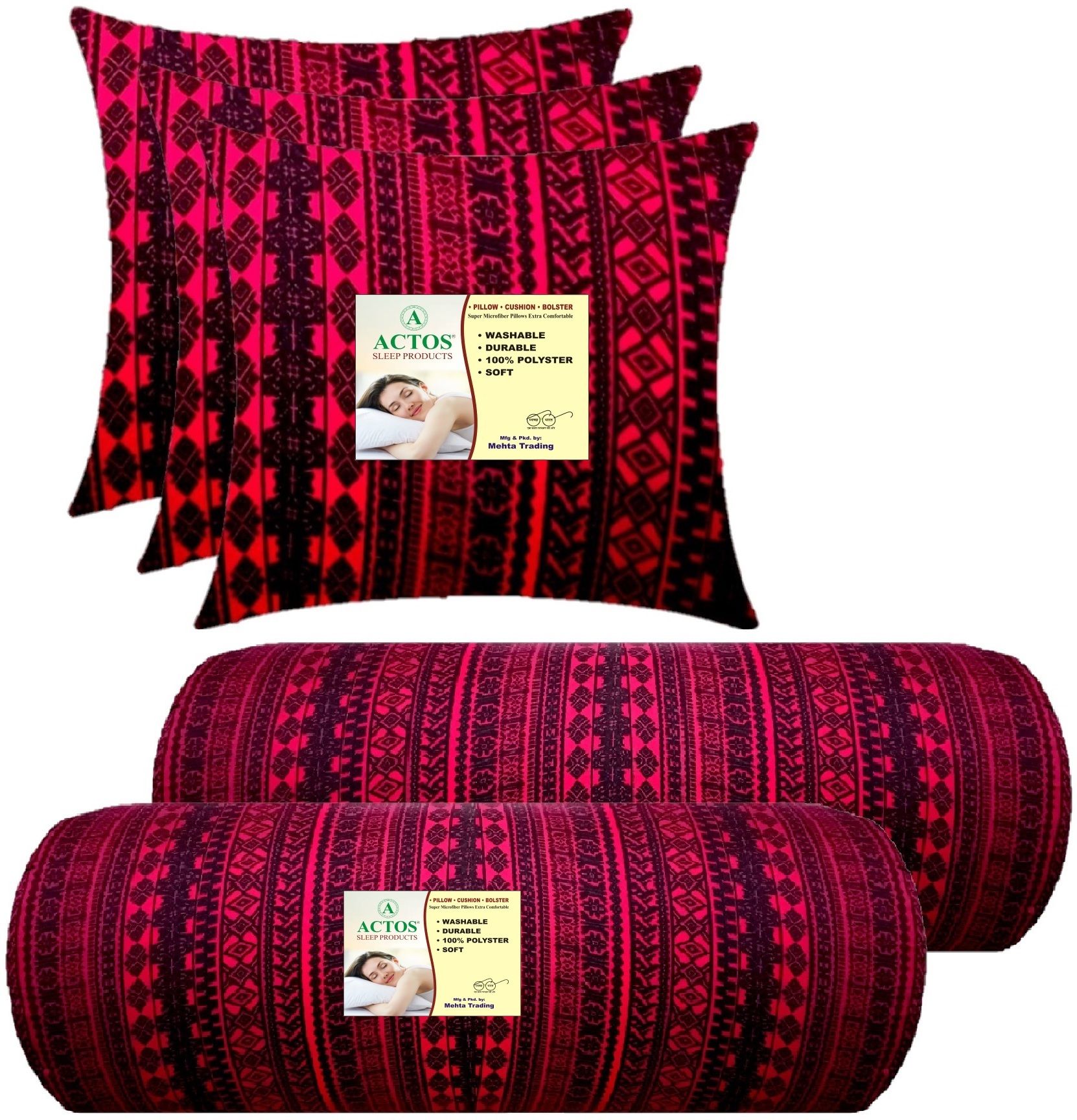 3 Cushion And 2 Microfibre Geometric Bolster Pack of 5