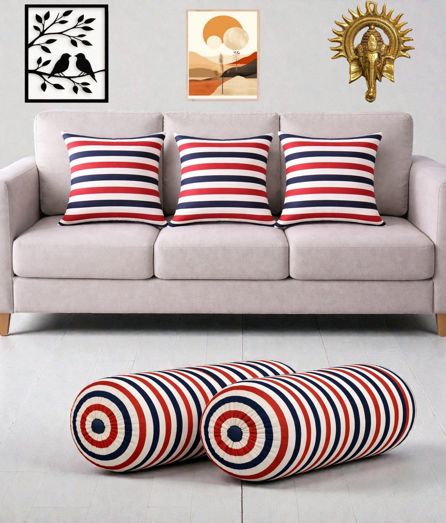 swikon star Microfibre Bolster Pack of 5 Stripes Combo Set Of 3 Cushion And 2 Bolster-picture-46