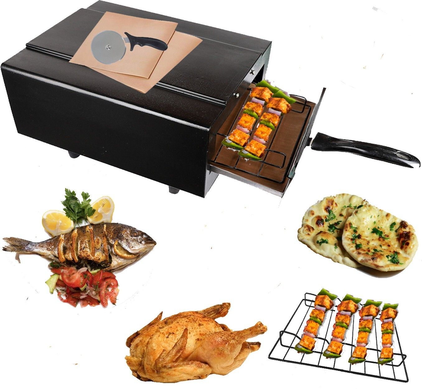 wellberg Light Weight Mini Electric Tandoor with Pizza Cutter Glove Grill skewers Wooden (Black) Pizza Maker-picture-42