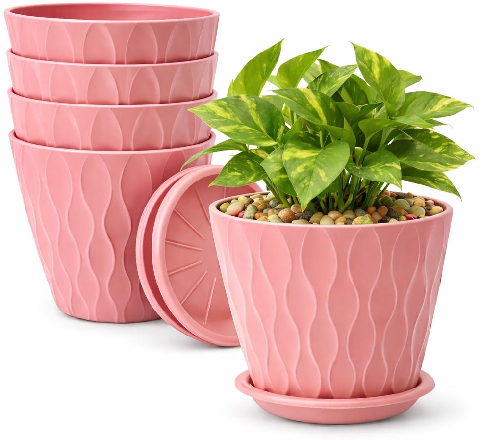 Pink Round Plastic Flower Pot Set 7 Inch with Drain Plate Pack of 5 Plant Container Set-image-24