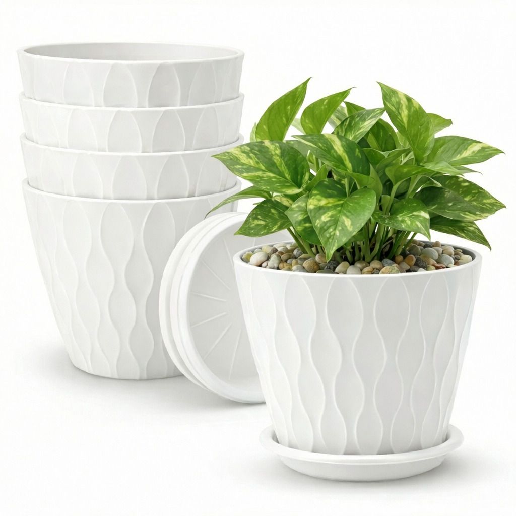 White Premium Plastic Garden Planter Set 7 Inch with Matching Tray Pack of 5 Plant Container Set-image-26
