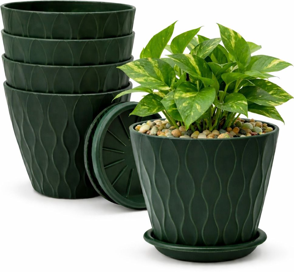 s g enterprise Mehndi Green Plastic Plant Container Set 7 Inch with Saucer Pack of 5 Plant Container Set-picture-12