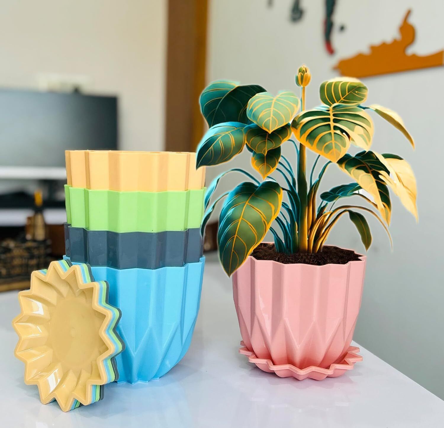 Crystal Flower Pots with tray for Home & Decoration Planters Plant Container Set-image-21