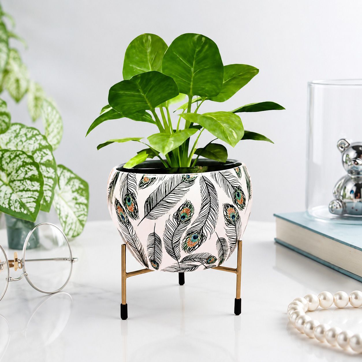 Round Peacock Feather Printed Planter Pot with Gold Stand | Modern Home Decor Plant Container Set-image-32