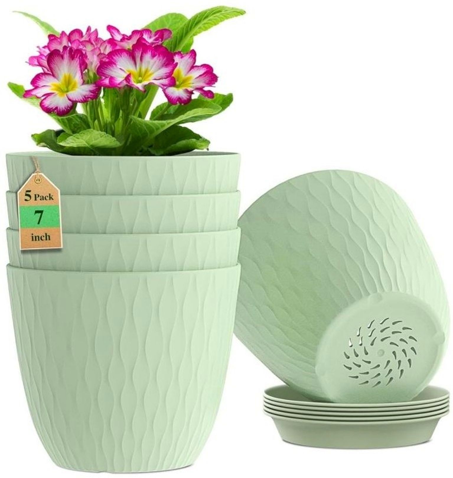 7 Inch Light Pista Green Plant Container Set with Drain Tray Pack of 5 Plant Container Set-image-2