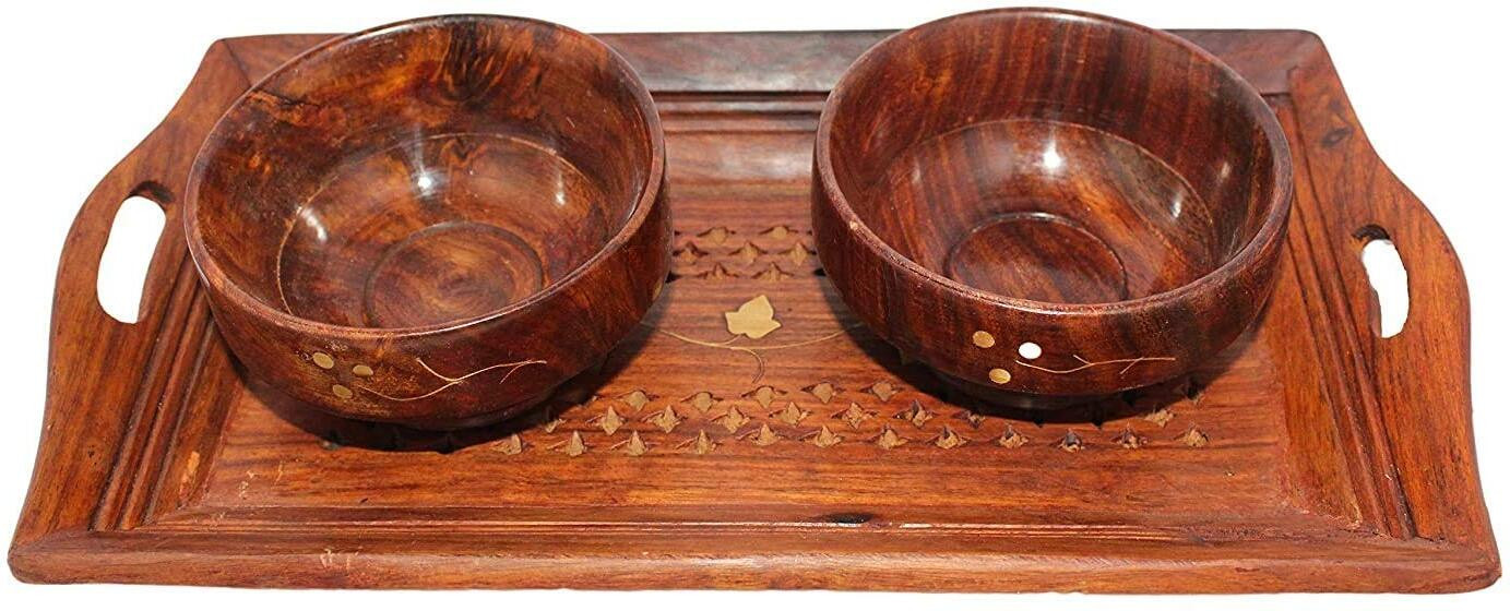ankri Wooden Serving Tray with Serving 2 Bowls Set of 3 Combo Tray image 1