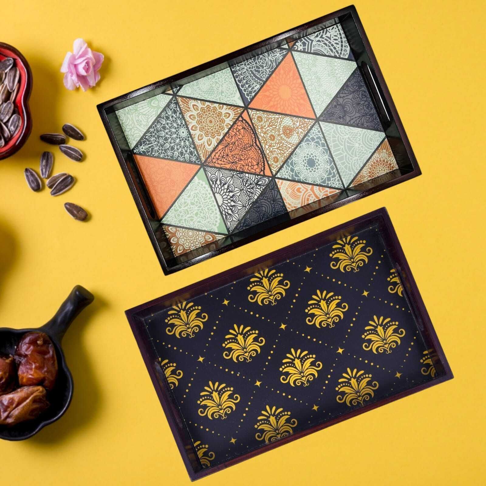 Wooden tray set of 2 with nice print|Serving Tray|Multipurpose Tray|AHS-TRAY41 Tray-image-42