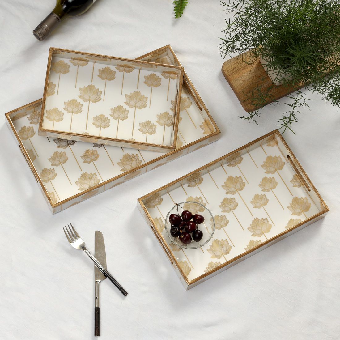 Set of 3 Rectangle White Gold Lotus Serving Tray for Home & Kitchen Tray-image-17