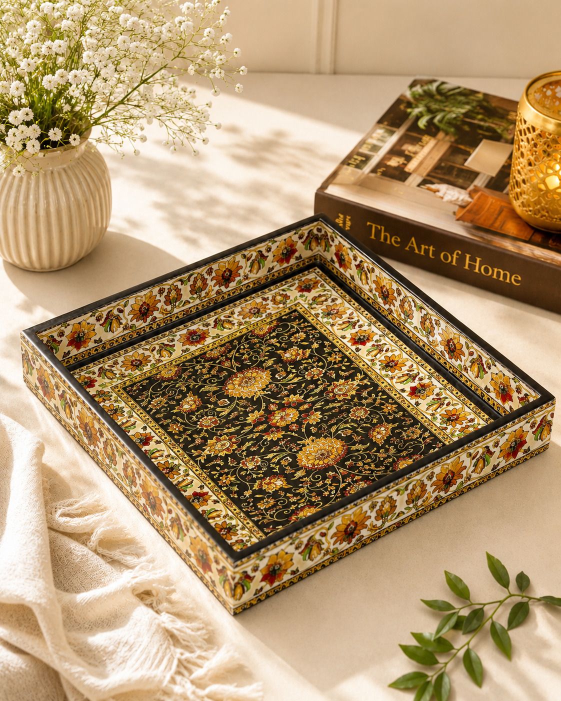 duli Decorative Jamawaar Print MDF Wooden Enamel Coated Serving Tray 10x10 Inch Tray-picture-28
