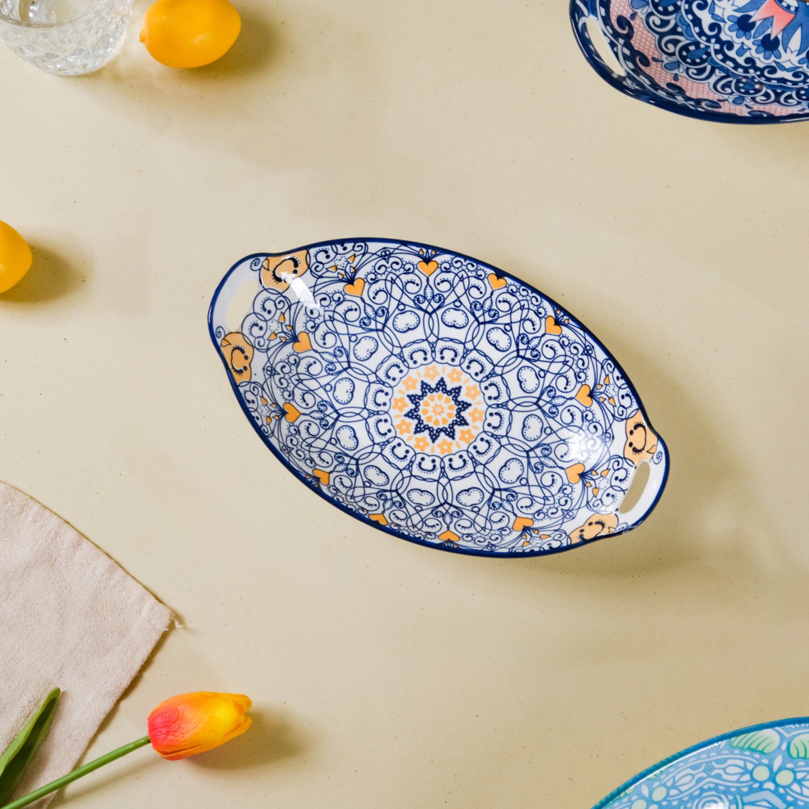 Dark Blue Mandala Ceramic Long Dish with Handles for Serving Snacks Tray-image-12
