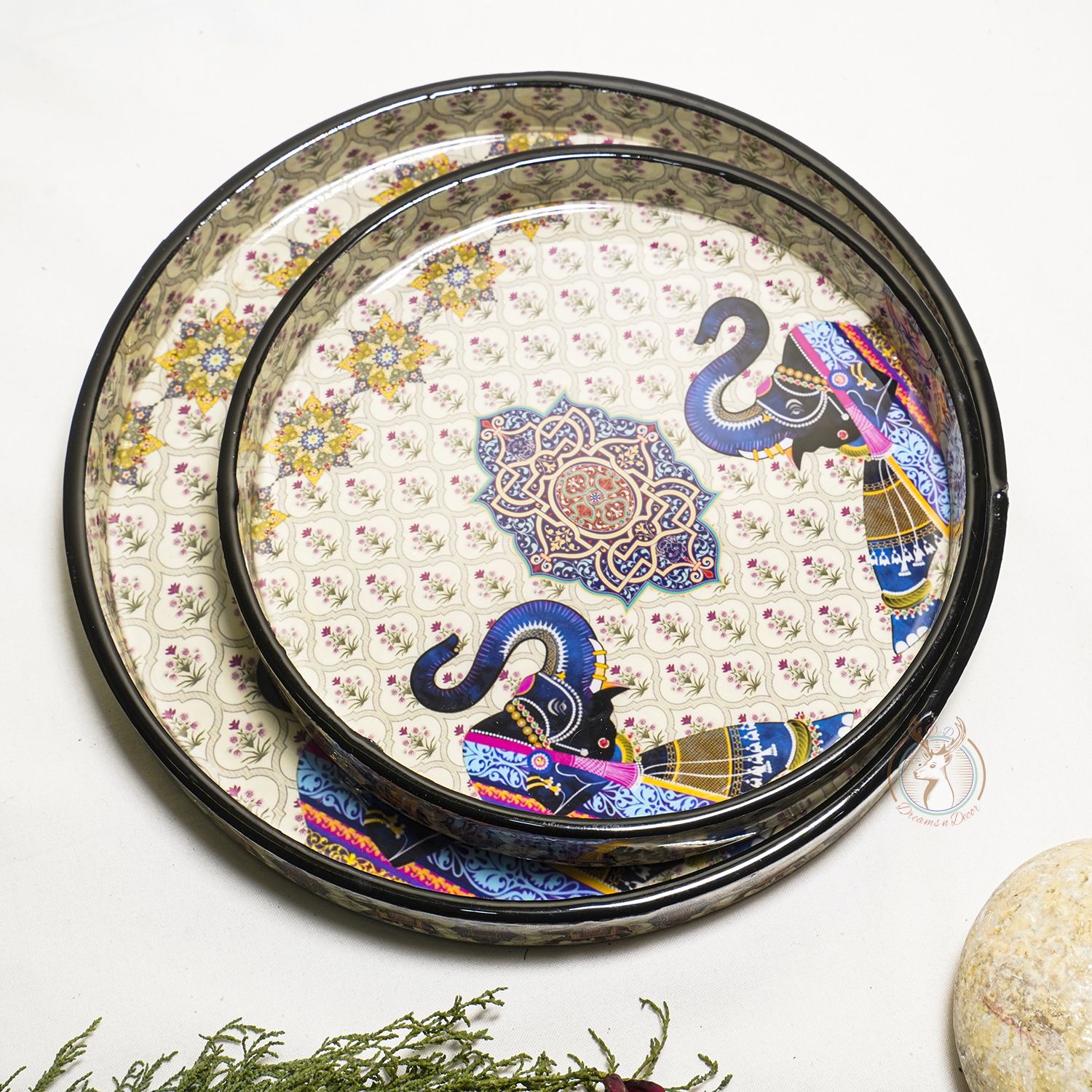 MDF Wooden Round Serving Tray|Handcrafted Elephant Bliss|Set of 2 |Enamel Coated Tray-image-9