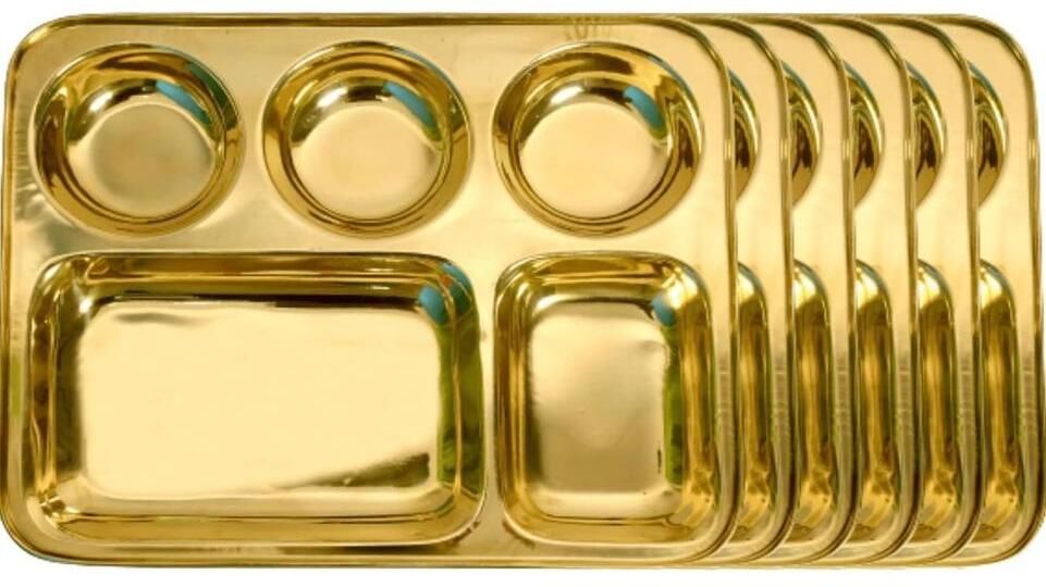 habiba Stainless Steel PVD Gold Plated Divided Dinner Plate, Lunch Plate, Bhojan Thali Sectioned Plate-picture-1