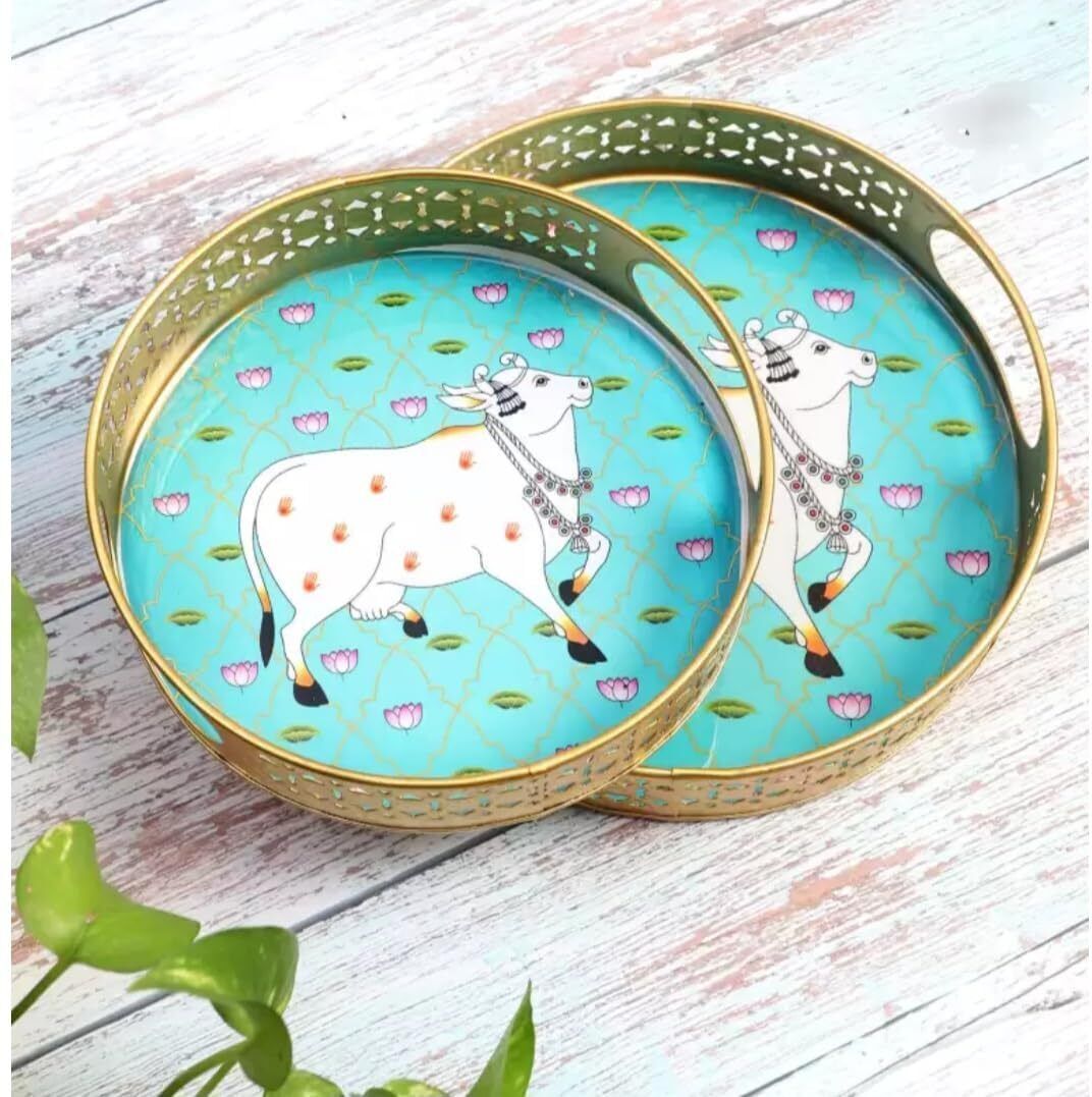 Cow Pichwai Tray | Best for Home Decor, and Multiuse|Glossy Raisen Work Trays Tray-image-15
