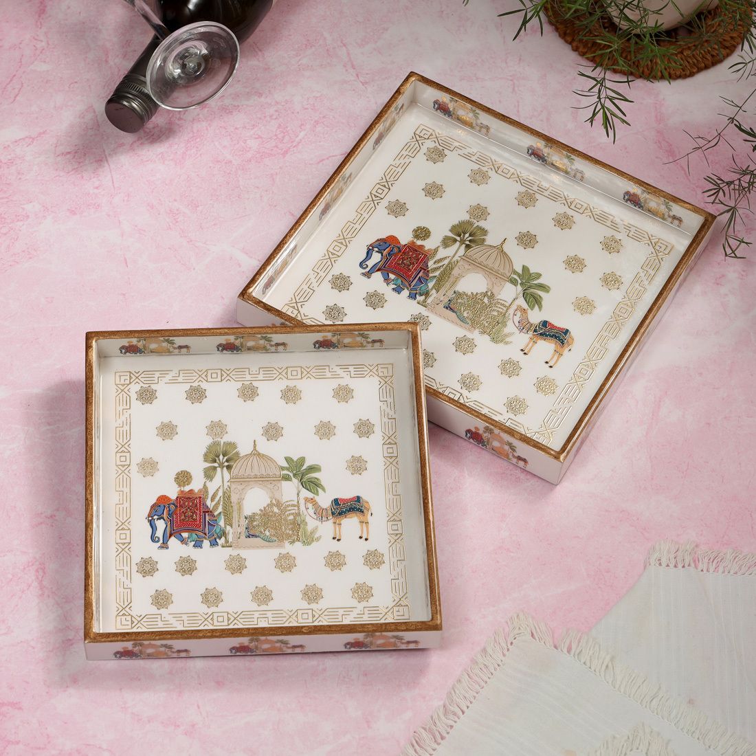 Set of 2 Square Elephant Design Serving Tray for Festive-Gifts 9x9 & 8x8 Inches Tray-image-34