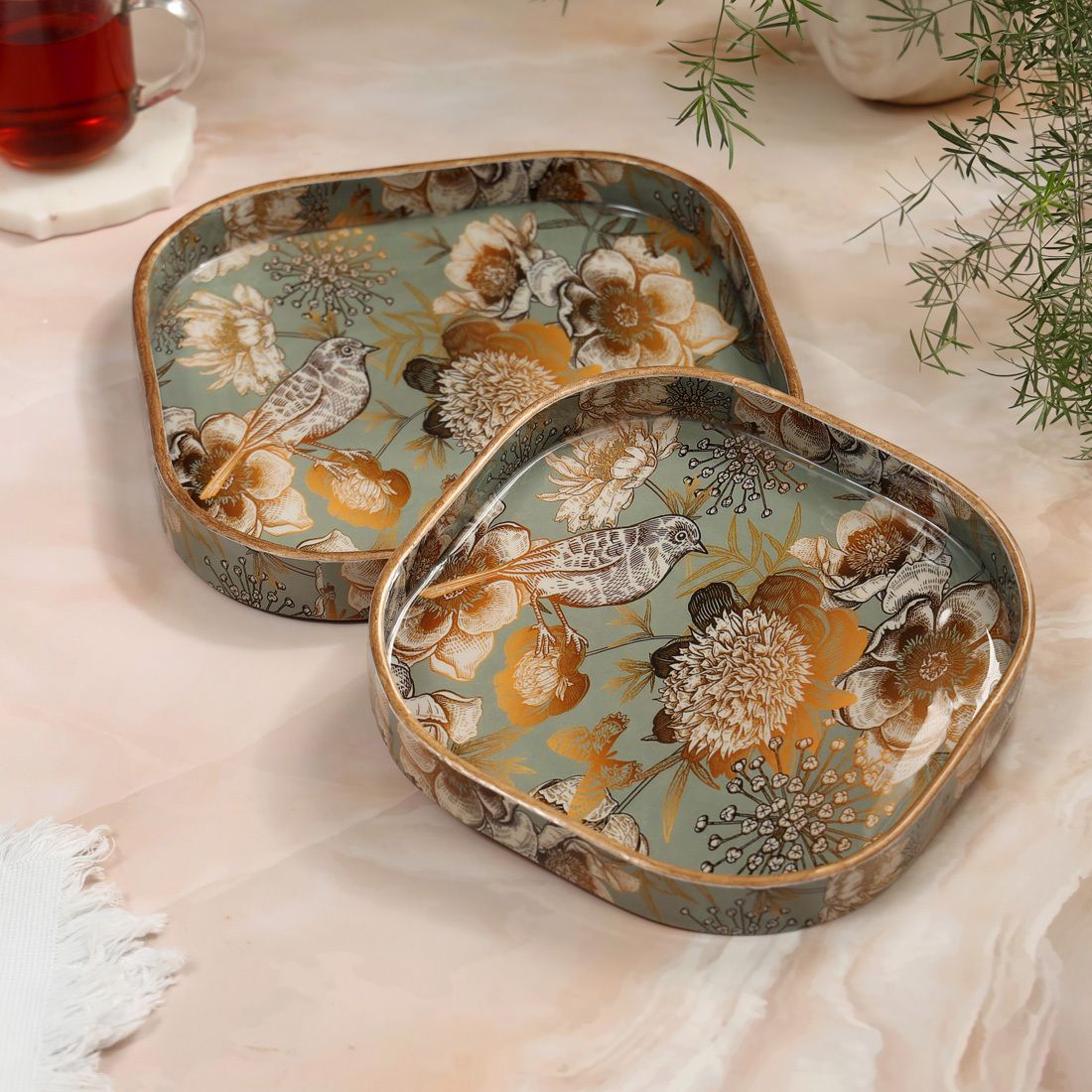 duli Set of 2 Golden Bird Design Serving Tray for Festive Gifts 9x9 & 8x8 Inches Tray-picture-26