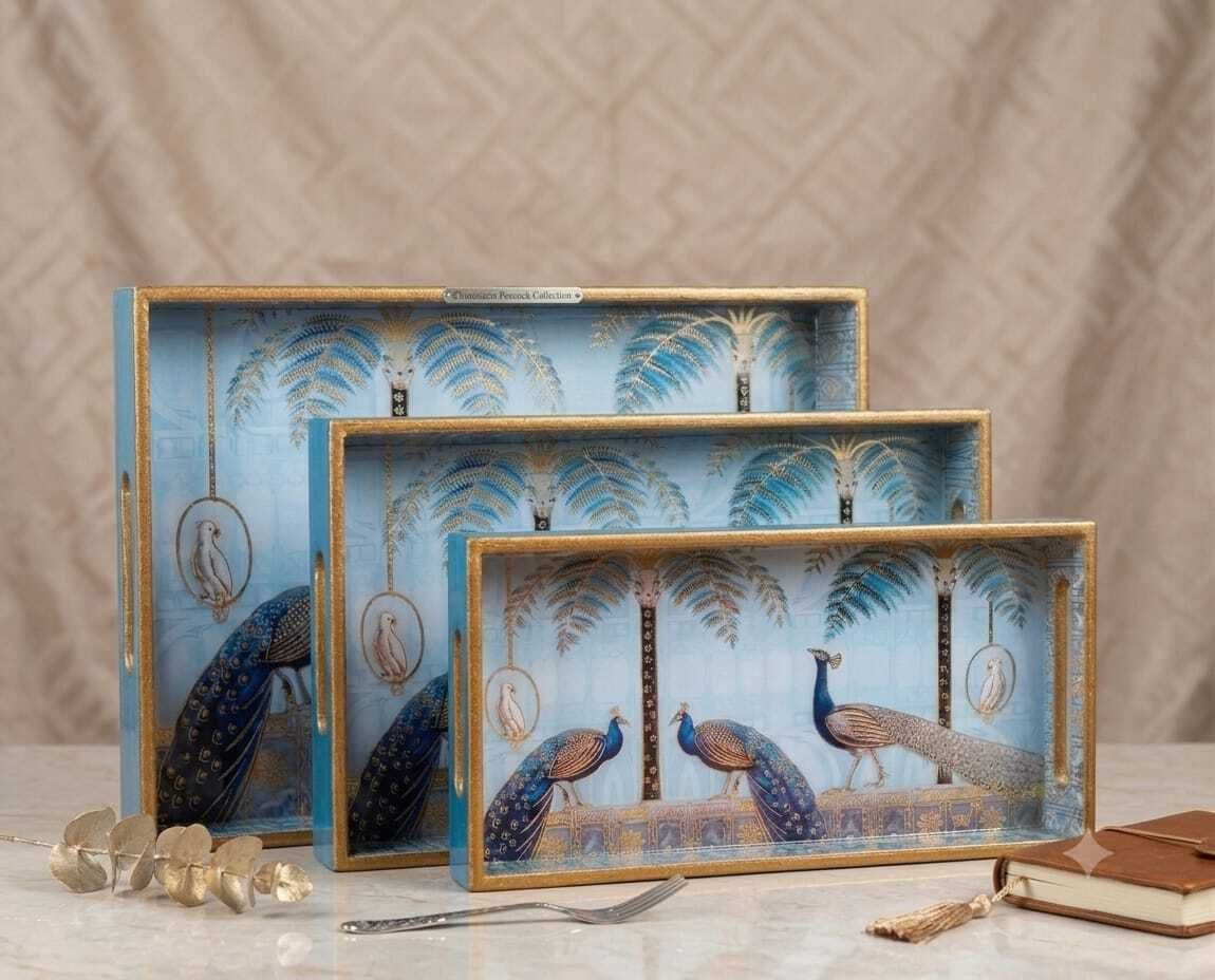 Premium Peacock Floral MDF Serving Tray Set of 3 (16x10, 14x8, 12x6 Inches) Tray-image-37