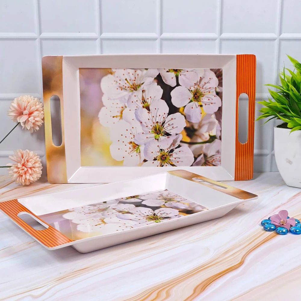 Melamine White Flower Print Serving Tray, Set of 2 (Medium and Large Size) Rosseate Series Tray Tray-image-1
