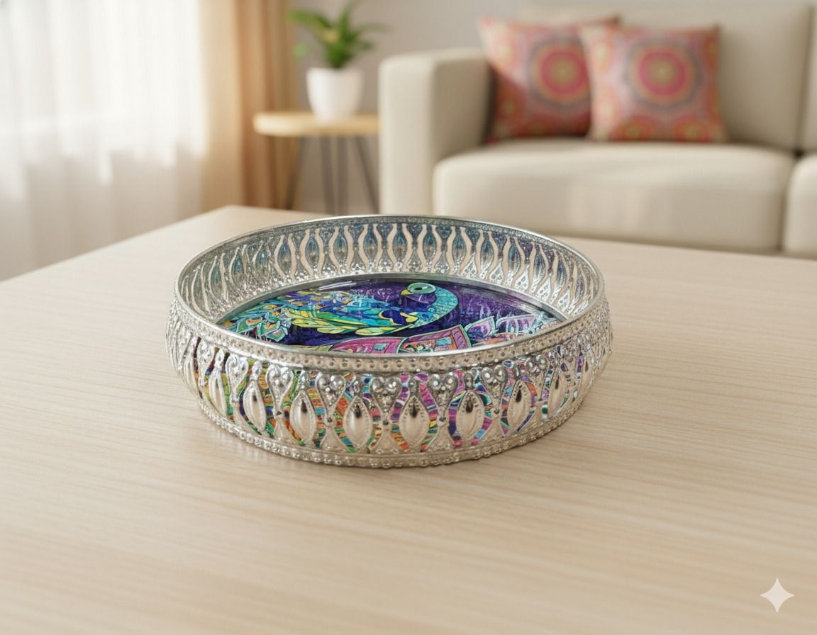 mm overseas German Silver Plated Peacock Pichwai Purple Tray-picture-23