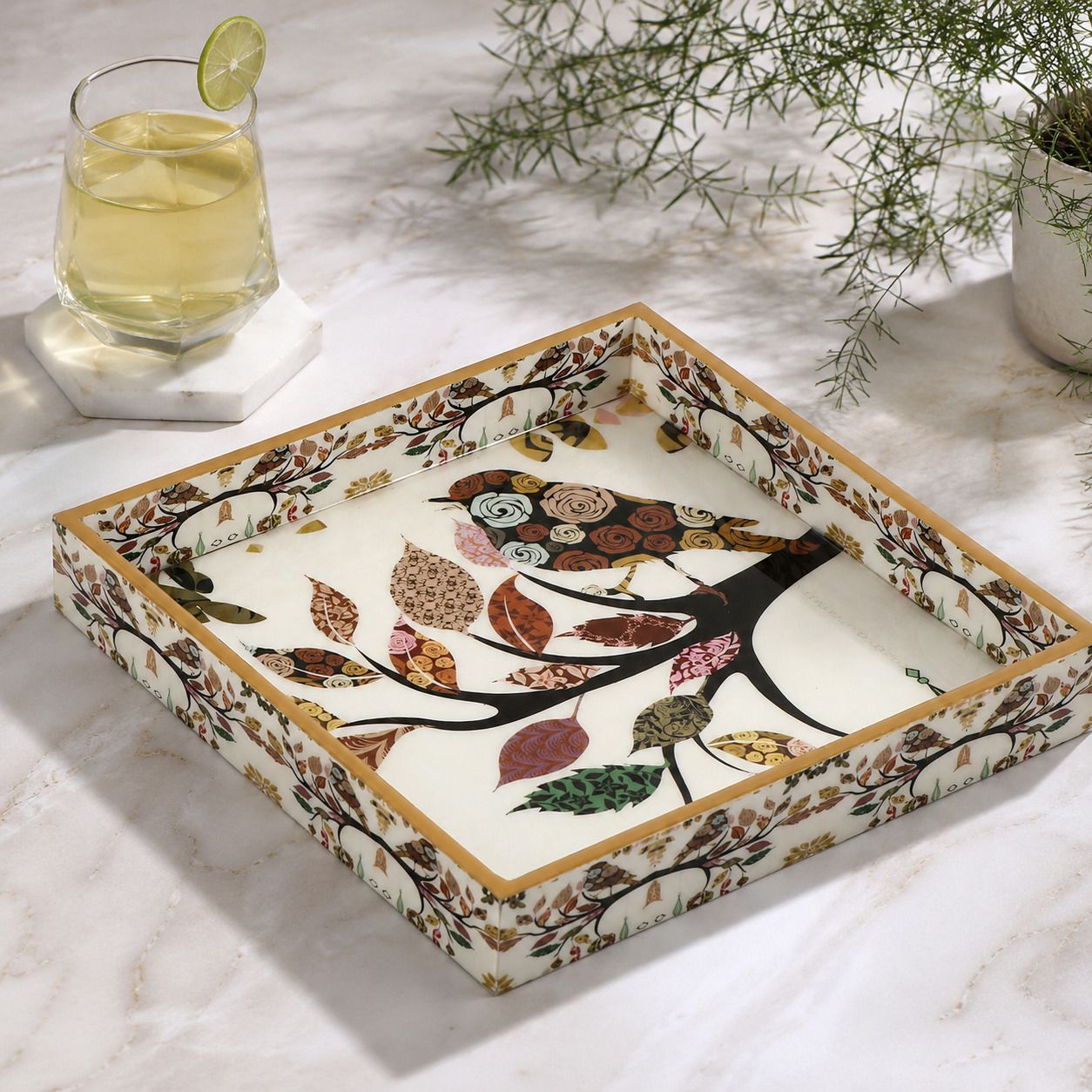Decorative Bird Design MDF Wooden Enamel Coated Serving Tray 10x10 Inch Tray-image-13