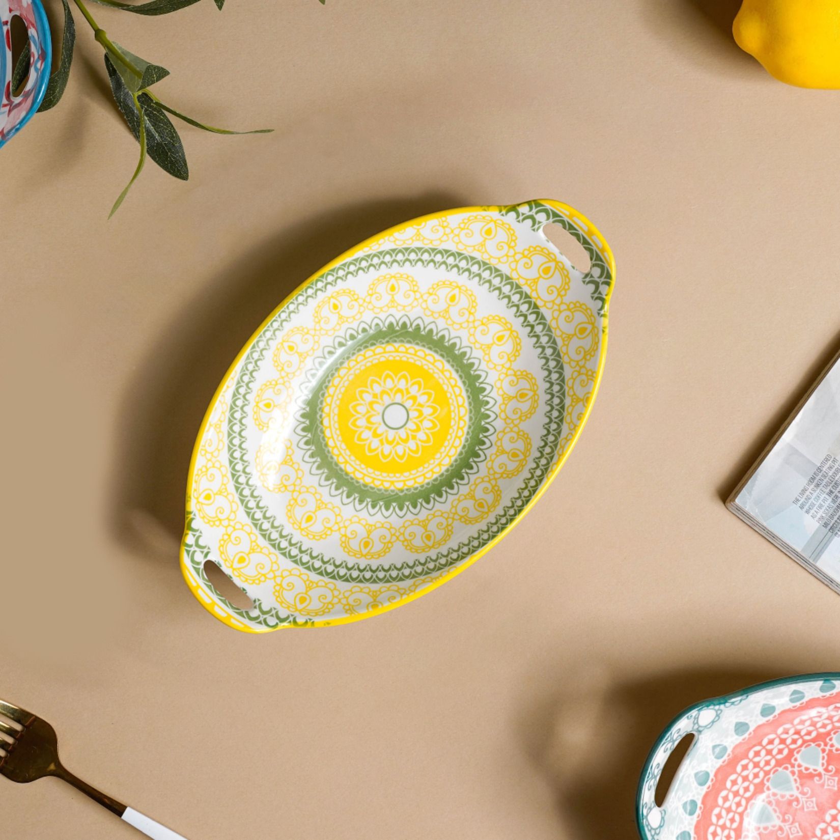 Yellow and Green Mandala Ceramic Long Dish with Handles for Snacks Tray-image-45