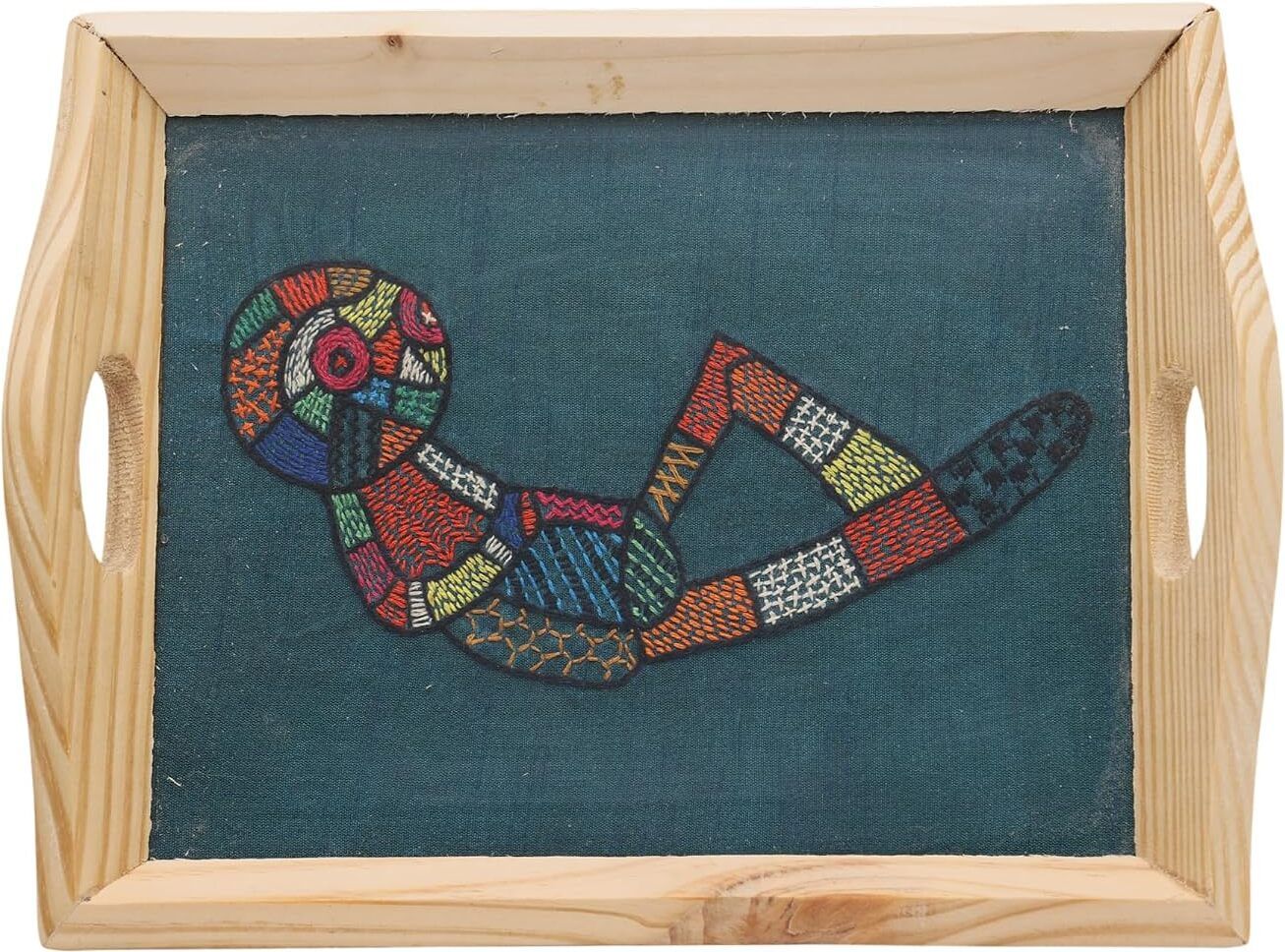 indha Hand Embroidered Relaxed Alien Motif Pine Wood Tray Tray-picture-17