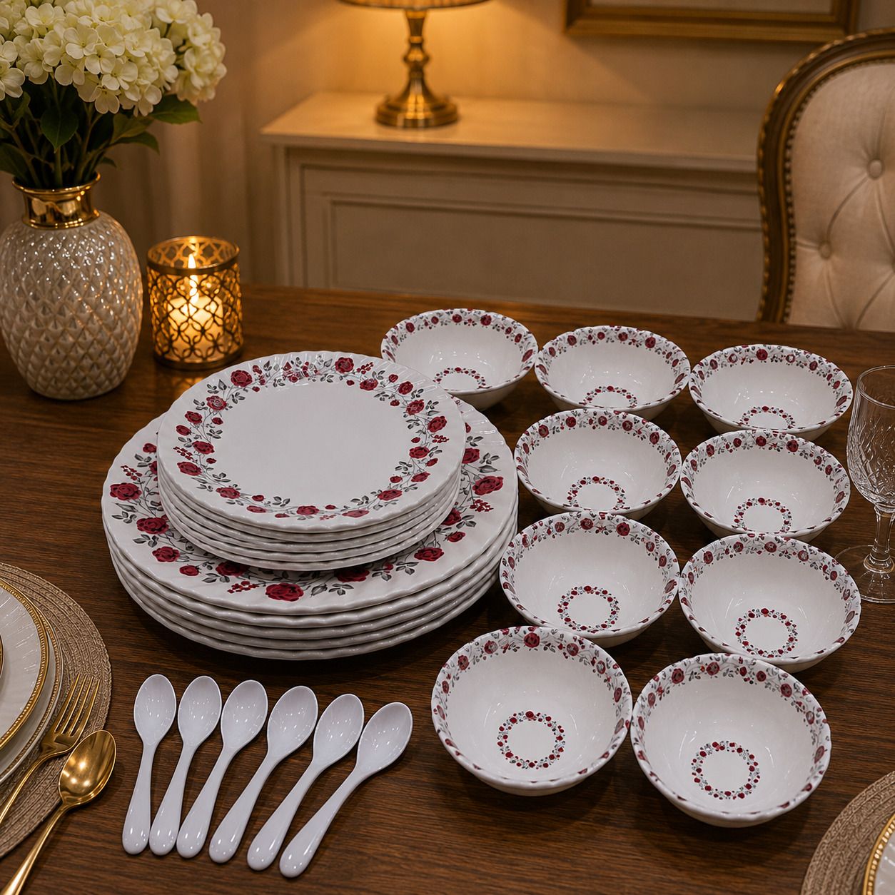 Melamine 11" dinner plate 8" Snacks Plate With Veg-Bowl Set of 30 pc Chip & Dip Tray-image-36