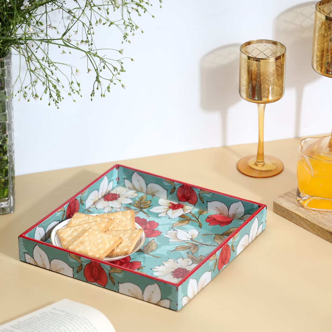 Handcrafted Wooden Enamel Coated Serving Tray Teal Floral Print Decorative Tray-image-32