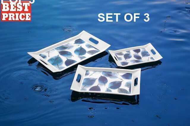 Designer White Serving Tray Set of 3 Rectangular Leaf Printed Tray For MultiUse Tray Serving Set-image-1