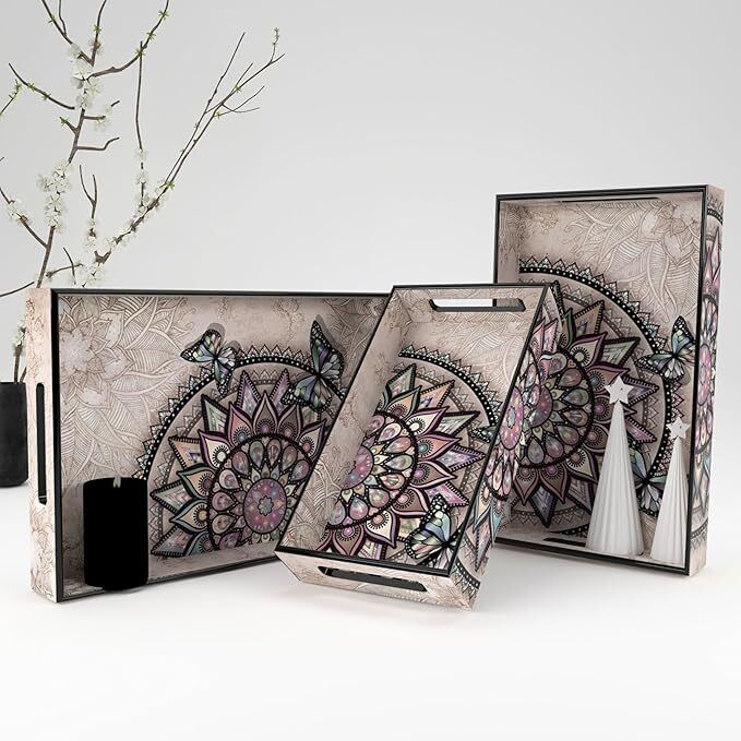 castleite Elisa Isadora Mandala Decorative Set for Serving & Kitchen Use, Wooden Tray-picture-13