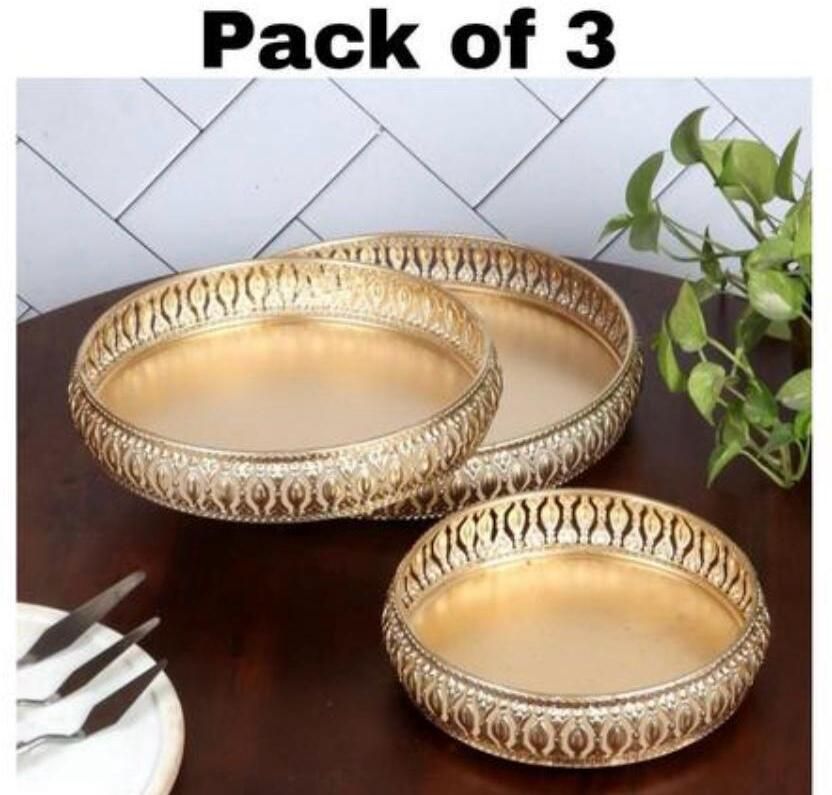 Premium Gold Plated Decorative Round Tray Set of 3 (10, 8 & 6 Inch) Tray-image-10