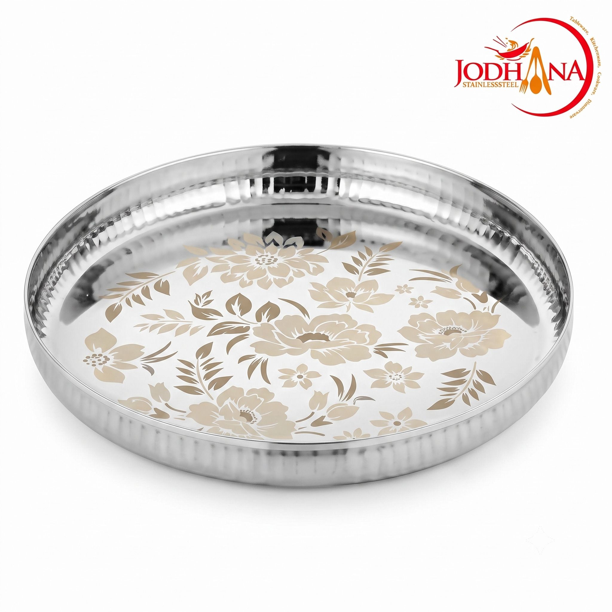 jodhana Steel SS Apple Khumcha | Hammered Rim Thali for Lunch, Dinner & Festival Dinner Plate-picture-35