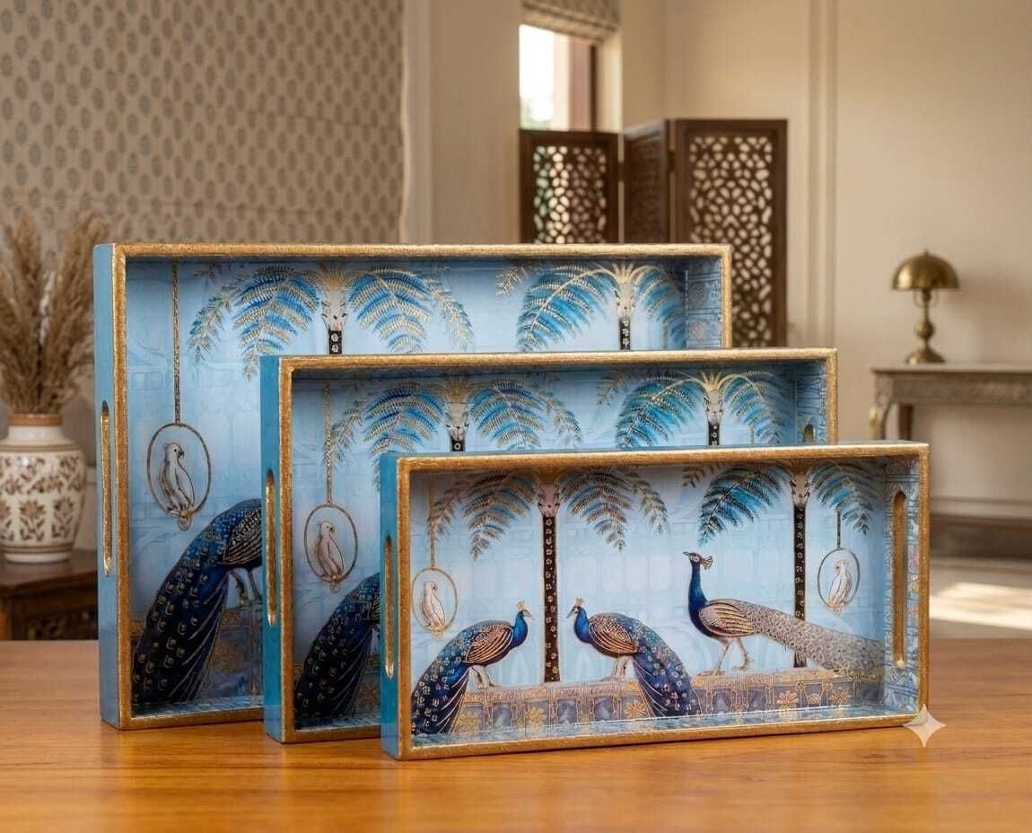 Premium Decorative Wooden Serving Tray Set of 3 with Golden Border Tray-image-30