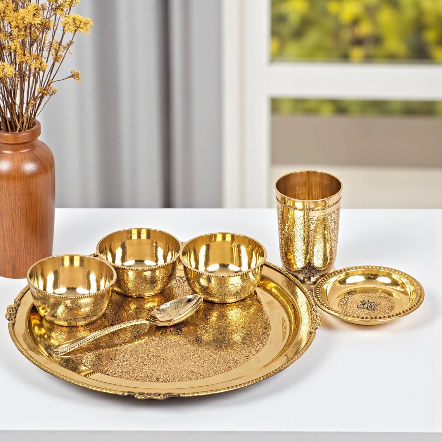 12 Inch Brass Embossed Design Thali Set with 3 Bowls Glass Spoon Small Plate Dinner Plate-image-3