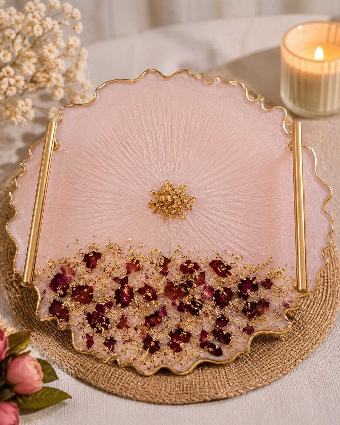 custogifthub Preserved Rose Petal Pink Resin Vanity Tray with Gold Handles & Sunburst Texture Tray-picture-15