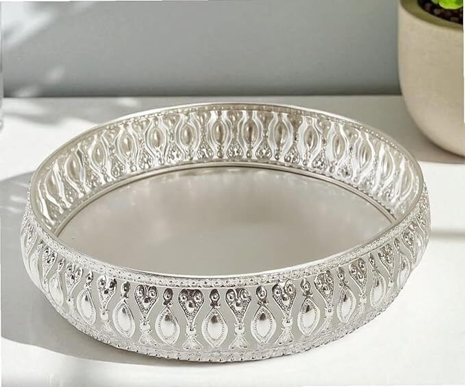 Silver Finish Metal Decorative Serving Tray 6.5 Inch Round for Dry Fruits, Pooja Tray-image-15