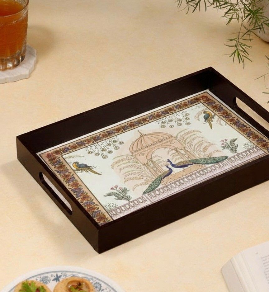 duli Handcrafted MDF Wooden Serving Tray with Mughal Peacock & Garden Design Tray-picture-49
