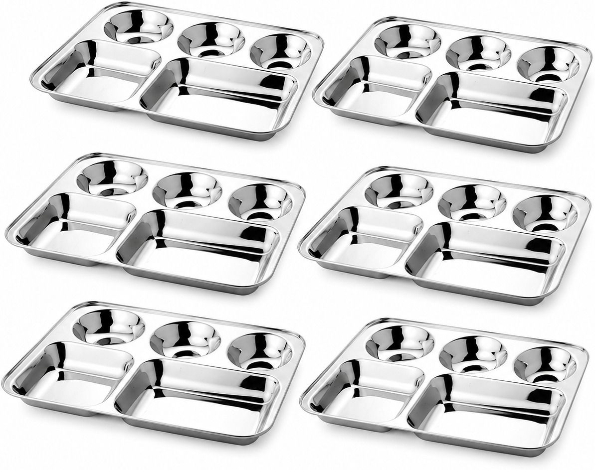 nirton Stainless Steel 5 Compartment Plate Set Pack of 6 Mirror Finish Thali Dinner Plate-picture-39
