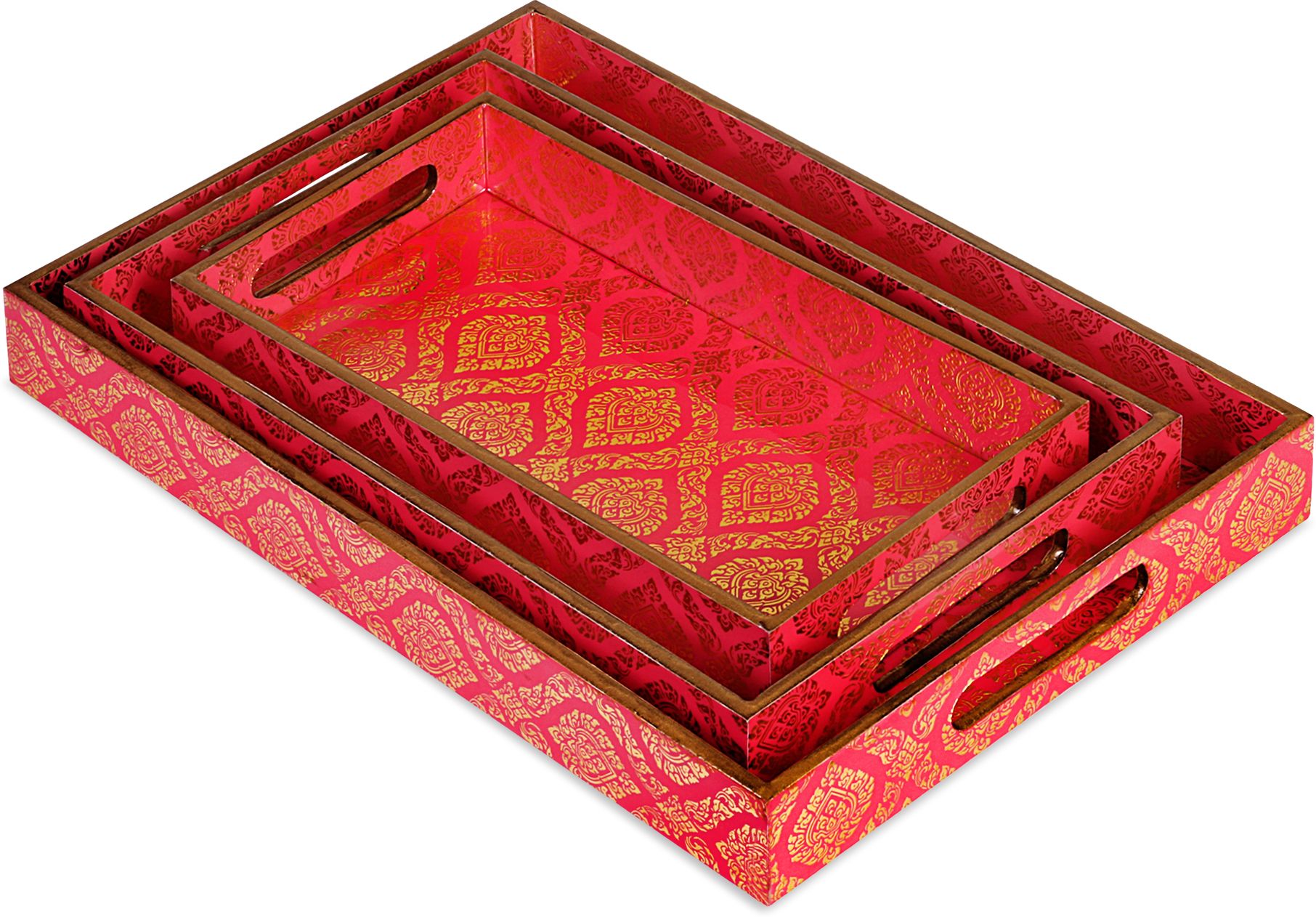 karigar creations Mango Wood Tray Set of 3 for Snacks Food Multipurpose Pink Sizes 6x12 8x14 10x16 Wooden Cake Server-picture-13