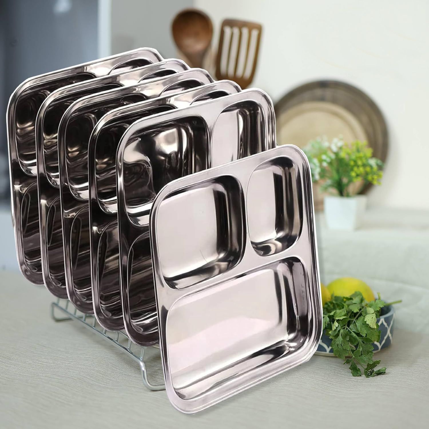 rbgiit Pack of 6 Stainless Steel Pav Bhaji Plate for Restaurant Small Stainless Steel 3 in 1 Compartment Plate K1 Dinner Set-picture-28