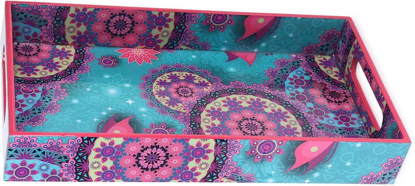 cugona Wooden serving tray epoxy resin coated 14x8 inch , pink rangolli pattern Tray-picture-1