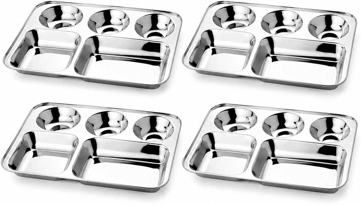 nirton Stainless Steel 5 Compartment Plate Set Pack of 4 Mirror Finish Thali Dinner Plate-picture-42