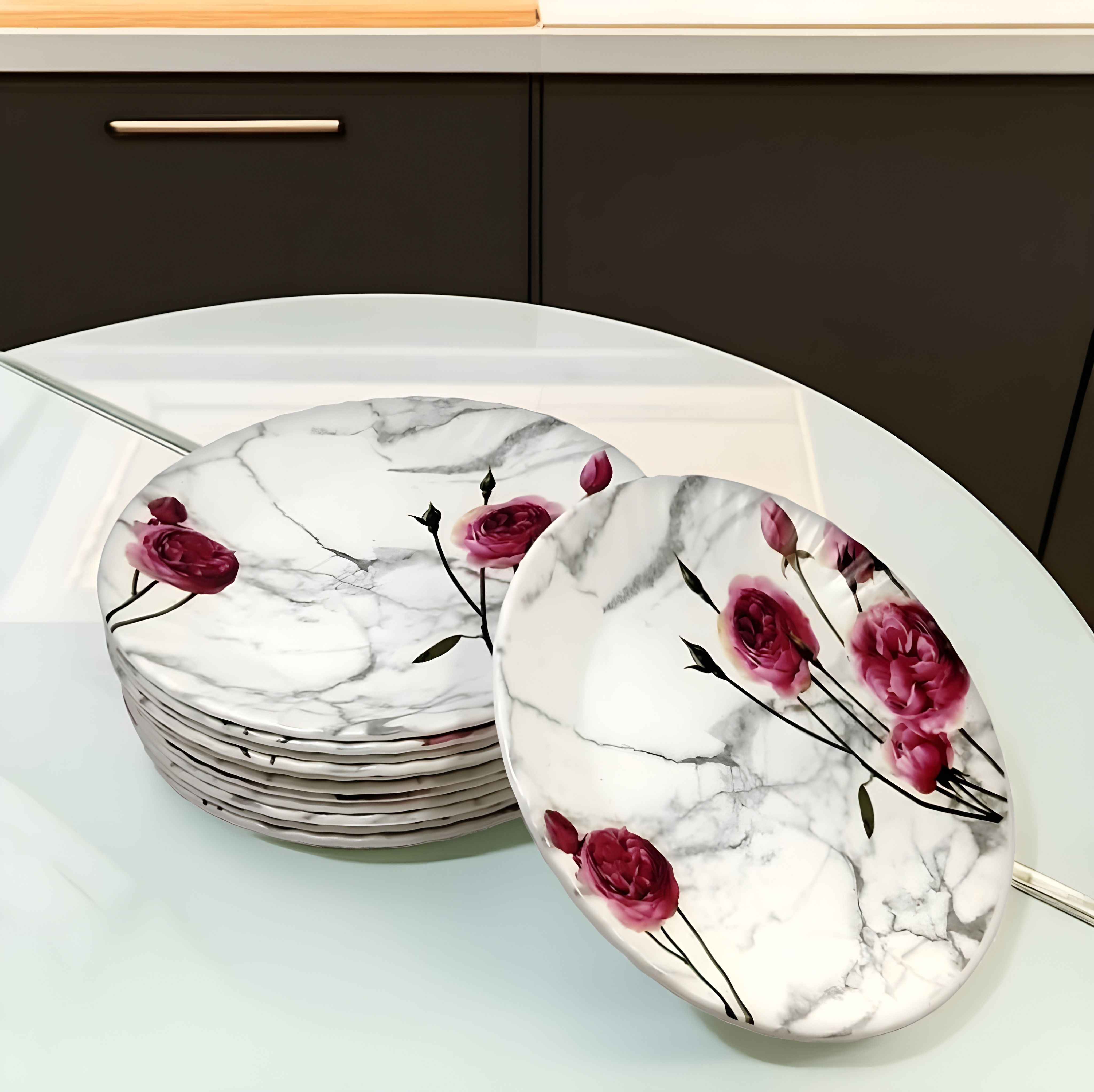 8 Inch Melamine Half Plates in Rose Print for Dinner Set of 12 Plates Half Plate-image-42