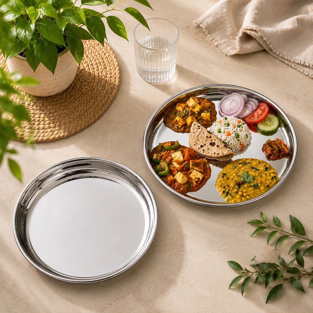 cuttales Stainless Steel Dinner Plate Set of 2 | Heavy Duty Mirror Finish Round Thali Dinner Plate-picture-11