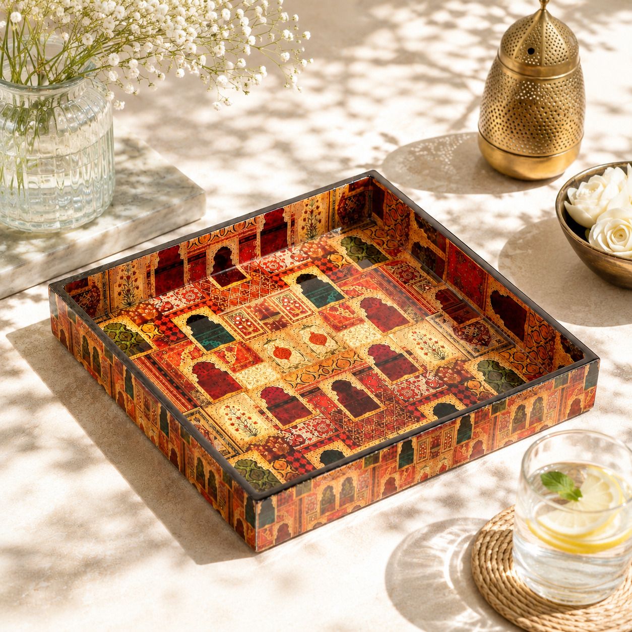 MDF Wooden Jharoka Design Serving Tray 10x10 Inch Enamel Finish Multipurpose Tray-image-44