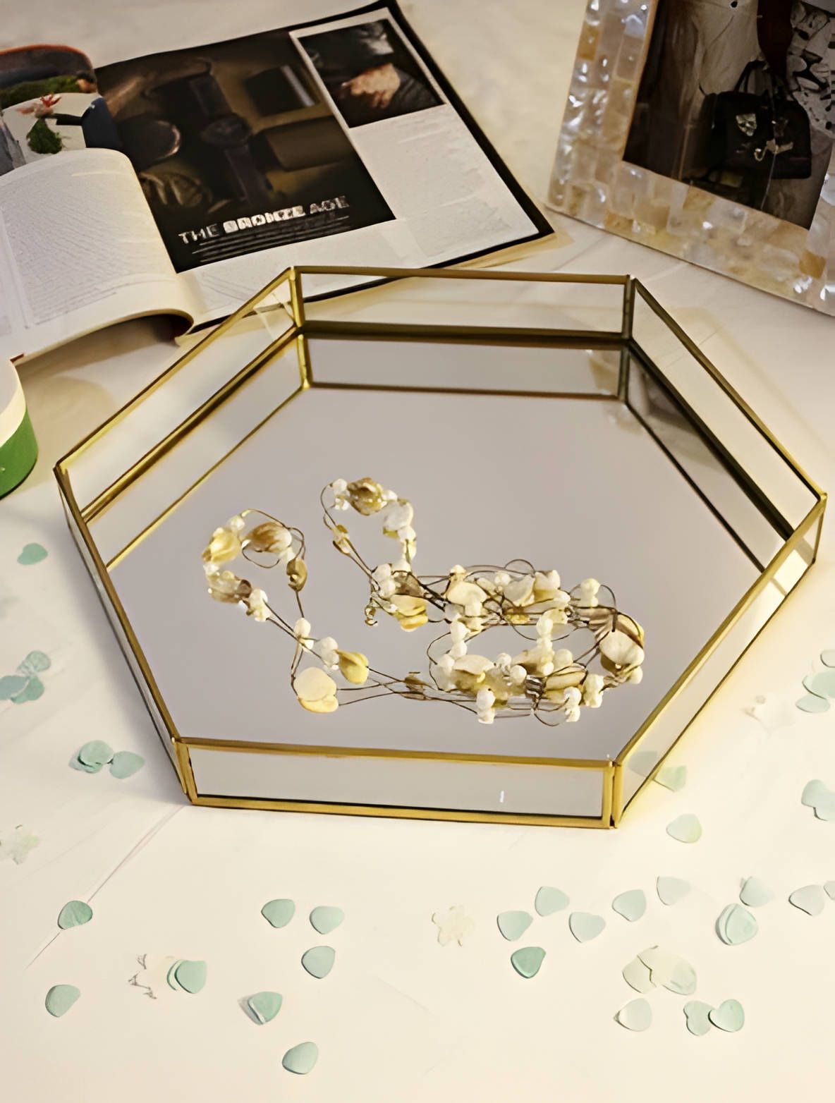 Hexagon Etched Mirror Tray with Metal Rim Mirror Base Vanity Makeup Tray Gold Tray-image-43