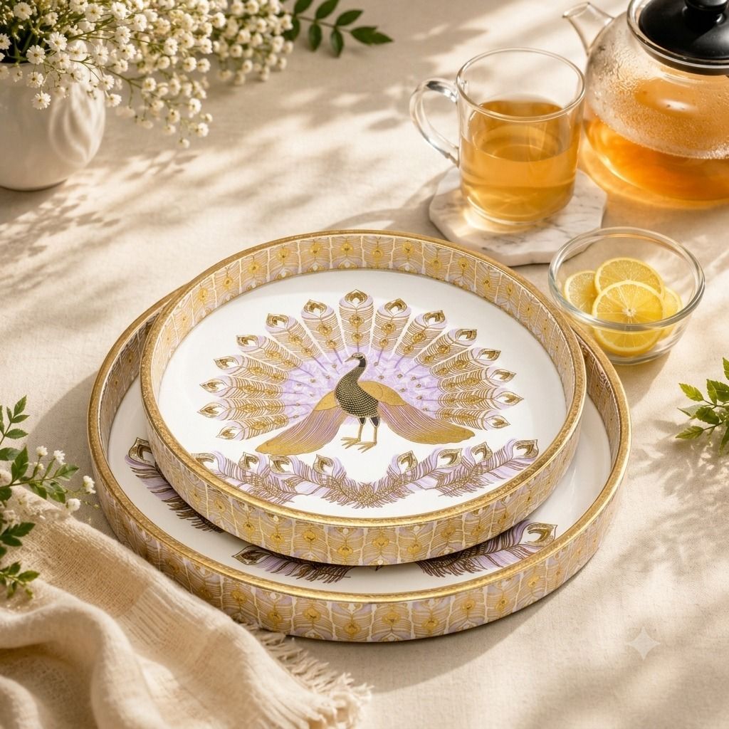 duli Set Of 2 Peacock Design Enamel Coated Serving Tray For Kitchen Dining Table Tray-picture-18